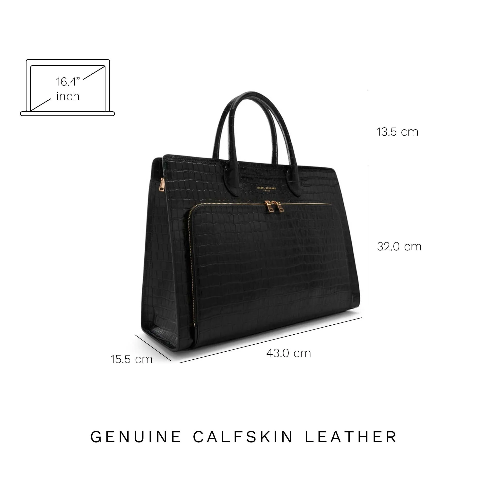 Honoré Nadine croco black calfskin leather handbag with laptop compartment