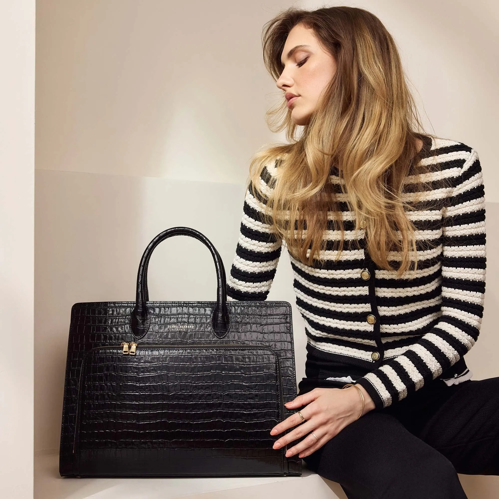 Honoré Nadine croco black calfskin leather handbag with laptop compartment
