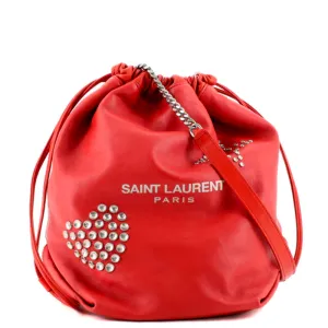 Saint Laurent Red Lambskin Leather Heart and Star Teddy Bucket Bag