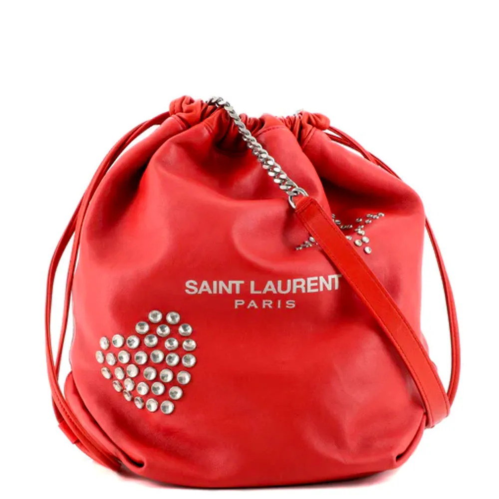 Saint Laurent Red Lambskin Leather Heart and Star Teddy Bucket Bag