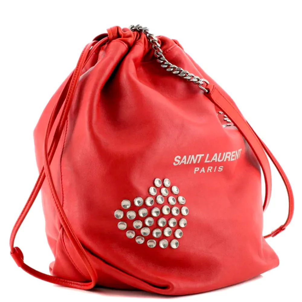 Saint Laurent Red Lambskin Leather Heart and Star Teddy Bucket Bag