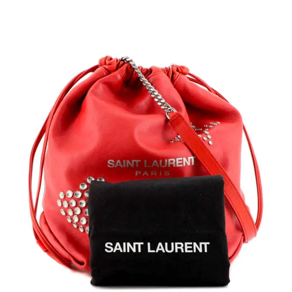 Saint Laurent Red Lambskin Leather Heart and Star Teddy Bucket Bag