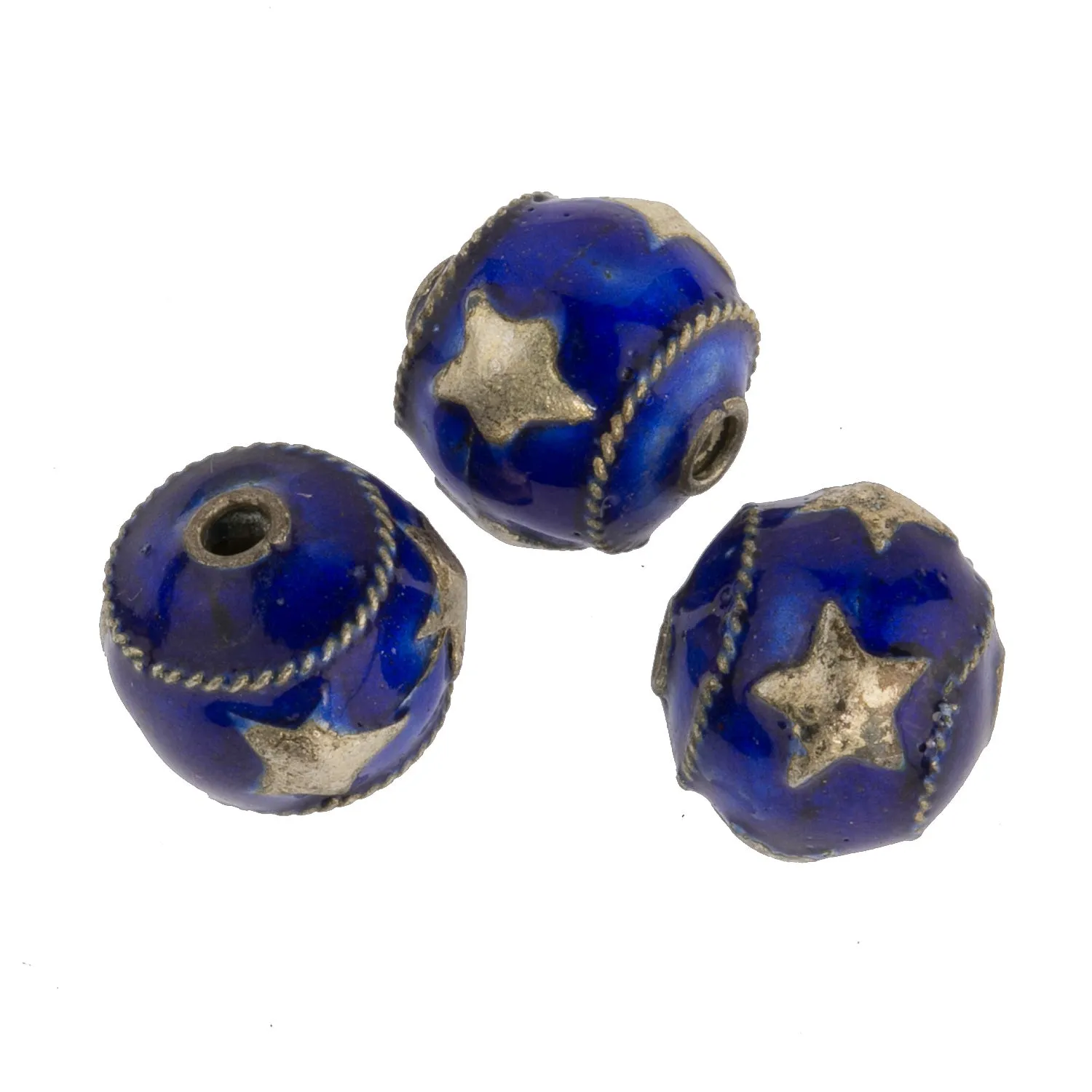 Silver over copper enamel beads with silver stars, 10mm. Package of 2. B18-601