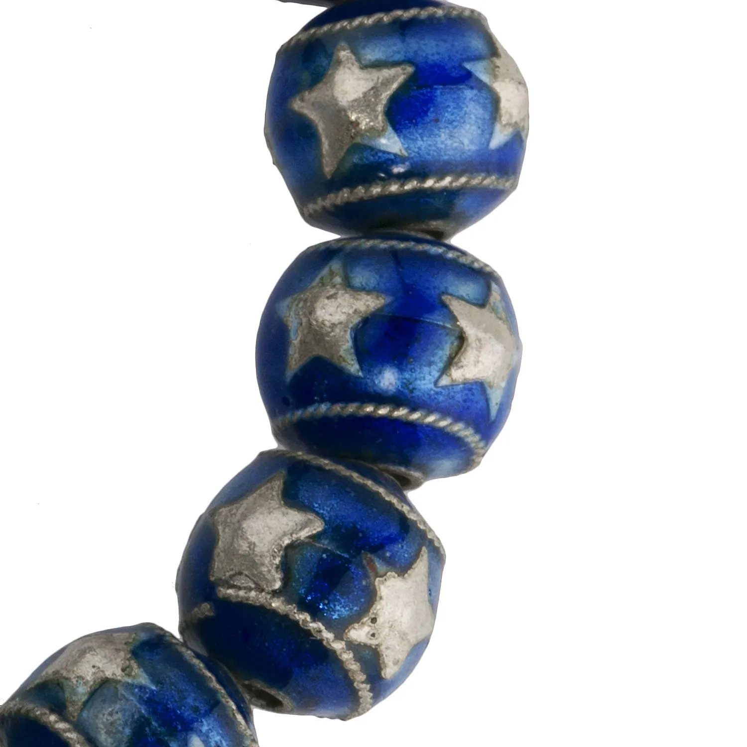 Silver over copper enamel beads with silver stars, 10mm. Package of 2. B18-601