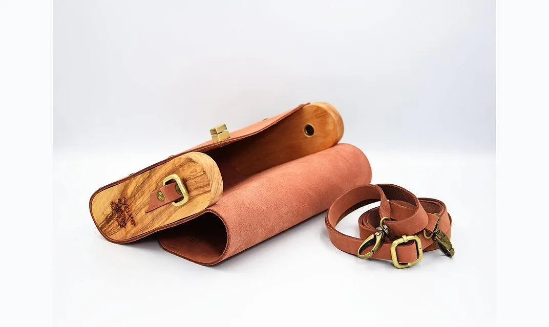 Teracotta brown leather wood women bag (red brick)
