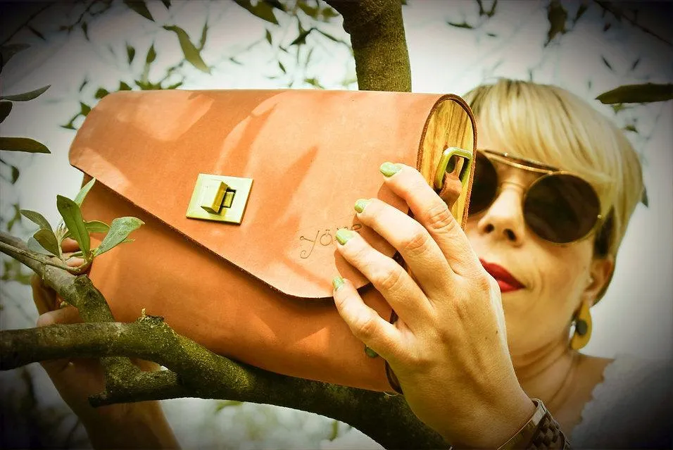 Teracotta brown leather wood women bag (red brick)