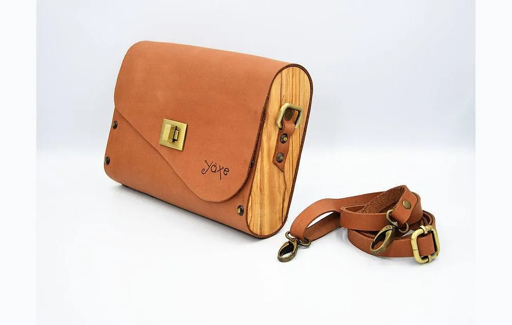 Teracotta brown leather wood women bag (red brick)