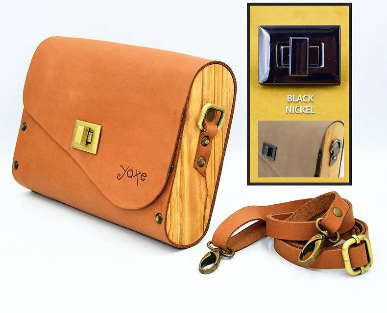Teracotta brown leather wood women bag (red brick)