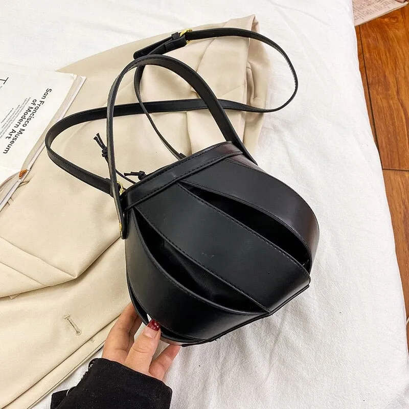 Unique Spiral Hollow Out Vegan Leather Crossbody Bucket Bag