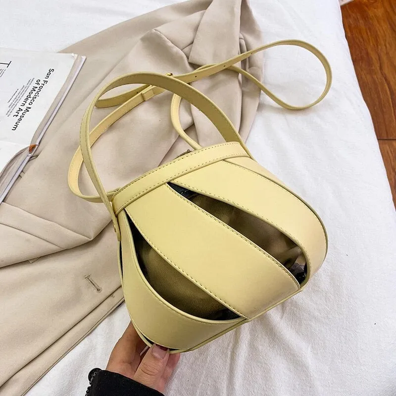 Unique Spiral Hollow Out Vegan Leather Crossbody Bucket Bag