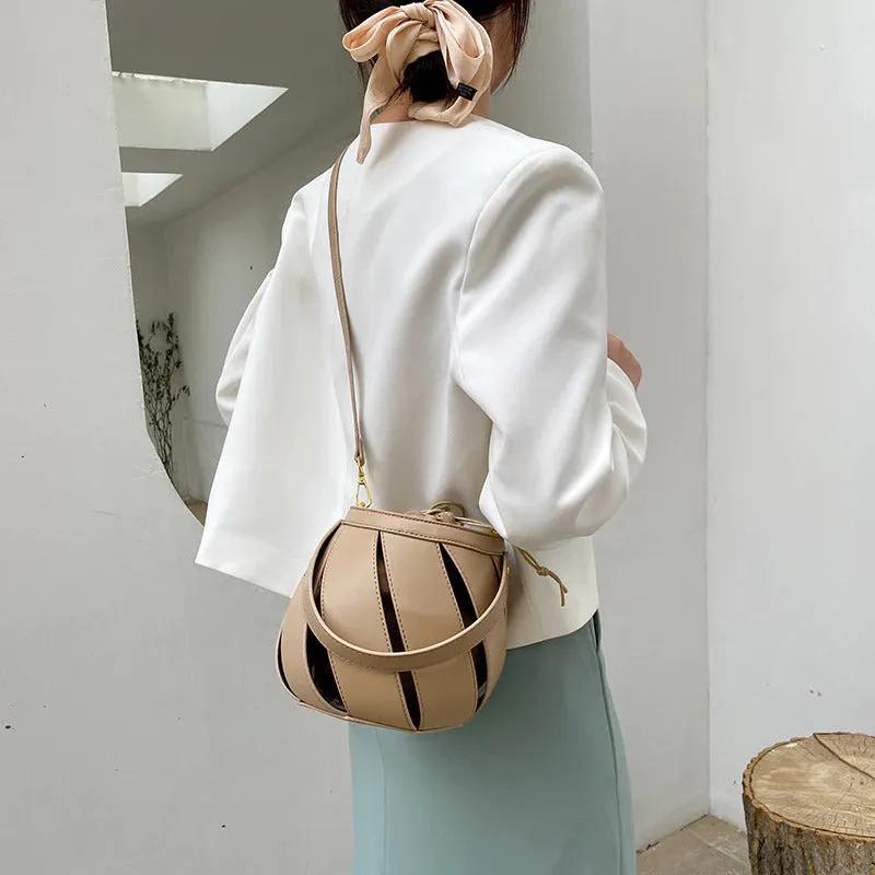 Unique Spiral Hollow Out Vegan Leather Crossbody Bucket Bag