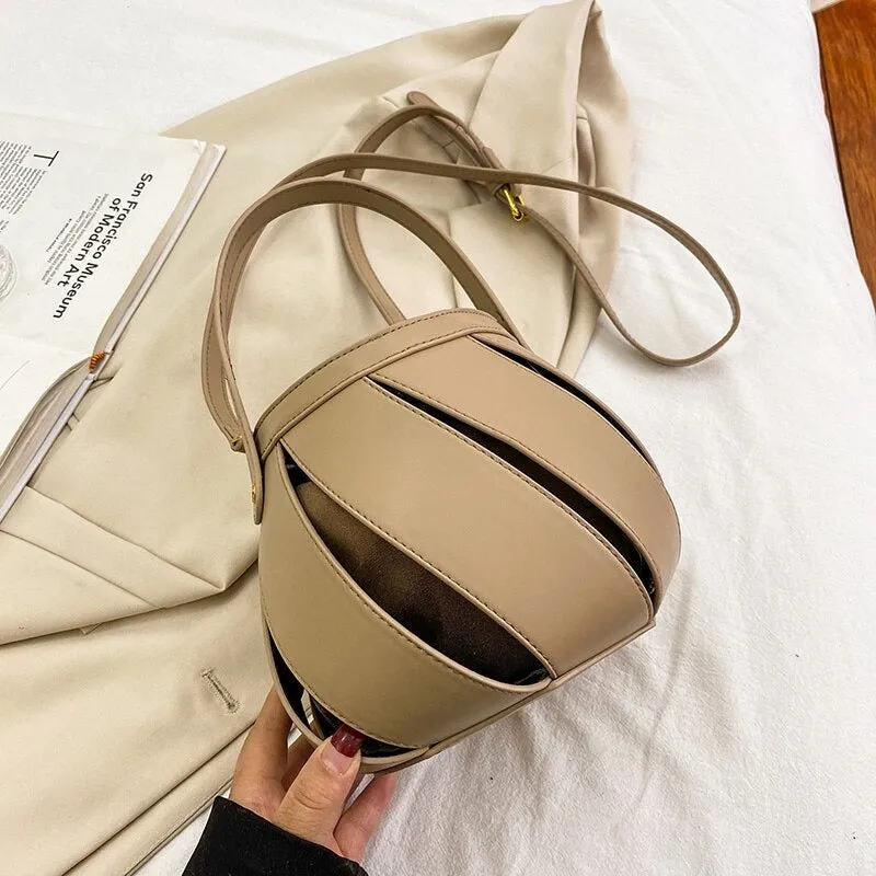Unique Spiral Hollow Out Vegan Leather Crossbody Bucket Bag