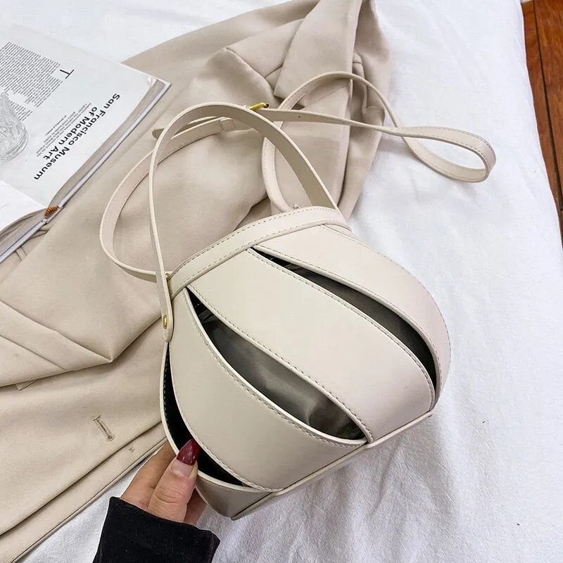 Unique Spiral Hollow Out Vegan Leather Crossbody Bucket Bag