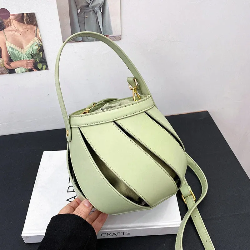 Unique Spiral Hollow Out Vegan Leather Crossbody Bucket Bag