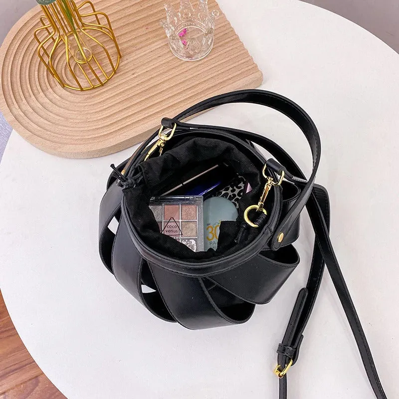Unique Spiral Hollow Out Vegan Leather Crossbody Bucket Bag